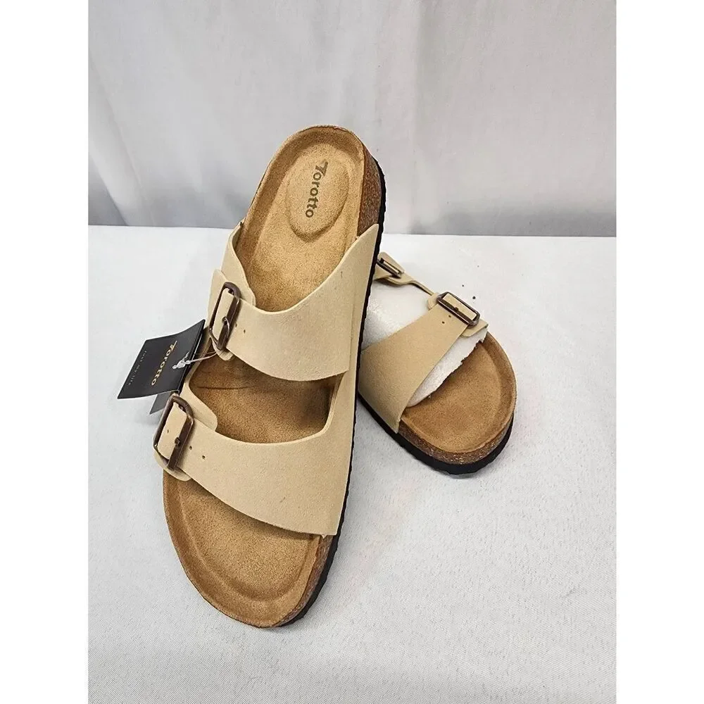 Torotto Mens Tan US 10 Slides Cork Open Toe Adjustable Webbing Flat Sandals